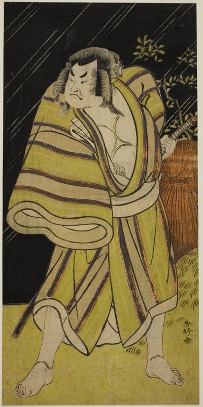 Herec Sakata Hangoro II jako zápasník sumo Kujaku Saburo Narihira () ve hře Sugata no Hana Yuki no Kuronushi (), hrané v divadle Ichimura () v jedenáctém měsíci roku 1776 () od Katsukawa Shunkо̄
