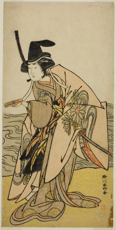 Herec Jamašita Kinsaku II jako paní Kikusui (Kikusui Gozen) ve hře Kaeribana Eiyu Taiheiki, která se hrála v divadle Nakamura v jedenáctém měsíci roku 1779 od Katsukawa Shunkо̄