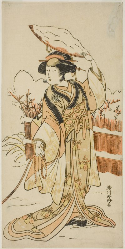 Herec Yoshizawa Ayame IV jako Yadorigi, sestra Nikaido Shinanosukeho, převlečená za Orie, manželku Aoto Magosabura, ve druhé části hry Motomishi Yuki Sakae Hachi no Ki (Looking up at Falling Snow: Thriving Potted Trees), uvedené v divadle Naka. od Katsukawa Shunkо̄