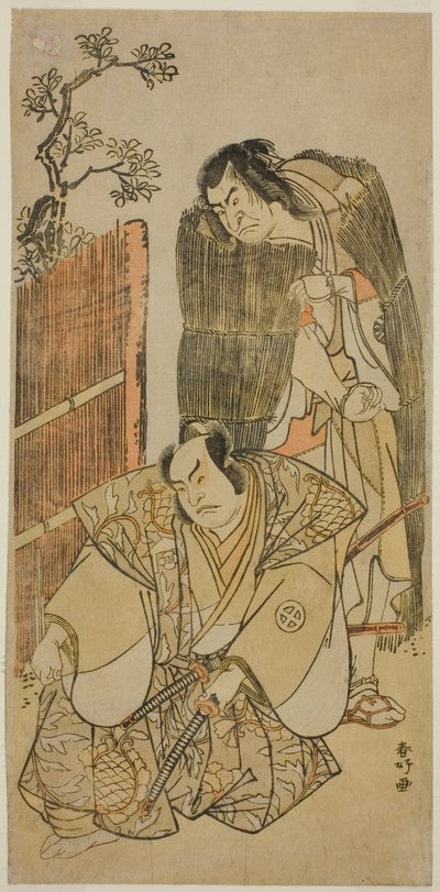 Herci Nakamura Nakazo I. jako Kagekiyo oblečený jako žebrák (vpravo) a Otani Hiroji III. jako Onio Shinzaemon (vlevo) ve hře Kotobuki Banzei Soga, která se hrála v divadle Ichimura ve třetím měsíci roku 1783. od Katsukawa Shunkо̄