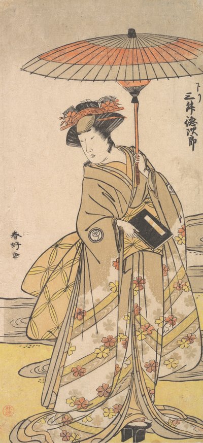 Mimasu Tokujuro jako žena stojící poblíž klikatého potoka, ca. 1780. od Katsukawa Shunko