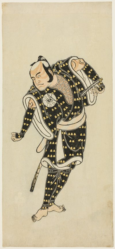 Herec Bandô Matatarô IV jako Gempachibyôe ve filmu "Snowflakes: Plum Blossoms Kaomise" ("Mutsu no hana ume no kaomise") od Katsukawa Shunsho