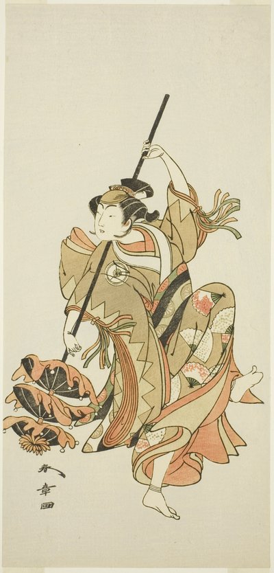 Herec Iwai Hanshiro IV hraje Triple Umbrella Dance ve filmu „Flower of Japan: Ono no Komachi’s Five Characters“ („Kuni no Hana Ono no Itsumoji“) od Katsukawa Shunsho