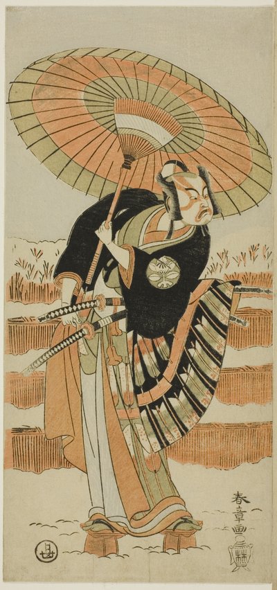 Herci Ichimura Uzaemon IX jako Kajiwara Genta no Kagetoki (vlevo), Segawa Kikunojô II jako Yuki Onna (uprostřed) a Arashi Sangorô II jako Minamoto no Yoritomo (vpravo) ve filmu "Bavlněná vata z Izu chránící manželské chryzantémy" ("Miyoto-giku Izu no kisew od Katsukawa Shunsho