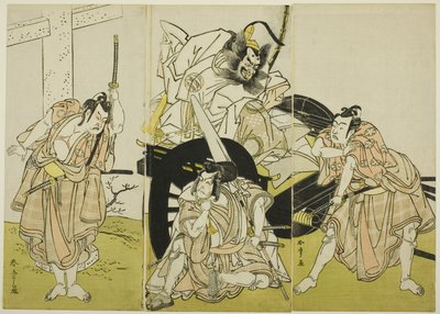 Herci Nakajima Mihoemon II jako Fujiwara no Shihei, Ichikawa Ebizô III jako Matsuo-maru, Ichikawa Yaozô II jako Sakura-maru a Ichimura Uzaemon IX jako Umeo-maru ve filmu Sugawara