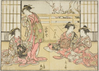 Kurtizány z Kadotamaya, z knihy „Zrcadlo krásných žen z požitkářských čtvrtí (Seiro bijin awase sugata kagami), sv. 1 od Katsukawa Shunsho