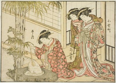 Kurtizány z Maruya, z knihy "Zrcadlo krásných žen z požitkářských čtvrtí (Seiro bijin awase sugata kagami)," sv. 2 od Katsukawa Shunsho