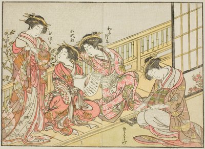Kurtizány z Takeya, z knihy „Zrcadlo krásných žen z požitkářských čtvrtí (Seiro bijin awase sugata kagami), sv. 1 od Katsukawa Shunsho