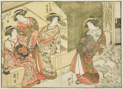 Čtyři kurtizány různých domů, z knihy „Zrcadlo krásných žen z požitkářských čtvrtí (Seiro bijin awase sugata kagami), sv. 3 od Katsukawa Shunsho