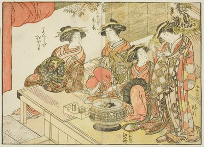 Čtyři kurtizány různých domů, z knihy „Zrcadlo krásných žen z požitkářských čtvrtí (Seiro bijin awase sugata kagami), sv. 3 od Katsukawa Shunsho