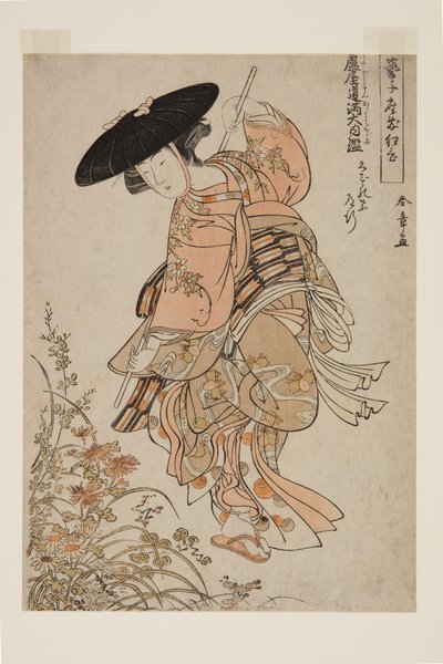 Geiko Playing Ashiya D?man ?uchi Kagami (barevný dřevotisk) od Katsukawa Shunsho