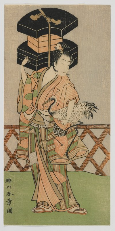 Kabuki herec Nakamura Noshio jako prodejce fanoušků, období Edo, polovina 70. let 18. století (barevný dřevořez) od Katsukawa Shunsho