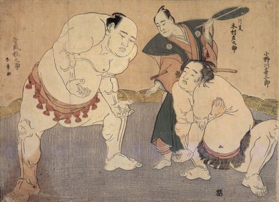Onagawa Kisaburo a Tanikaze Kajinosuke předvádějí Shiriki v Dohyo, rozhodčí Kimura Shonosuke od Katsukawa Shunsho