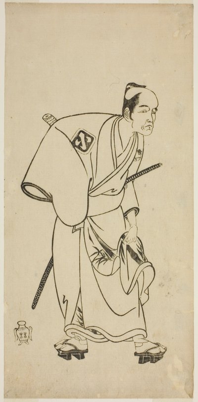 Herec Arashi Otohachi I jako Hotei Ichiemon ve hře Ayatsuri Kabuki Ogi, hrál v divadle Nakamura v sedmém měsíci, 1768 od Katsukawa Shunsho