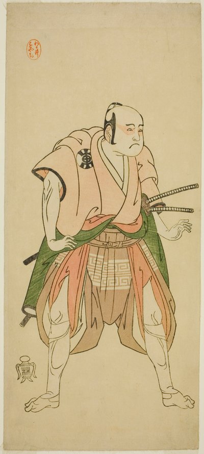 Herec Bando Sampachi I jako Yawata no Saburo (?) ve hře Shuen Soga Omugaeshi (?), hrál v divadle Ichimura (?) ve druhém měsíci, 1768 (?) od Katsukawa Shunsho