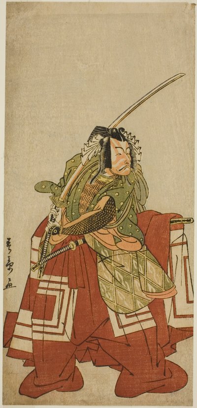 Herec Ichikawa Danjuro V jako Arakawa Taro ve hře Date Nishiki Tsui no Yumitori, hrál v divadle Morita v jedenáctém měsíci, 1778 od Katsukawa Shunsho