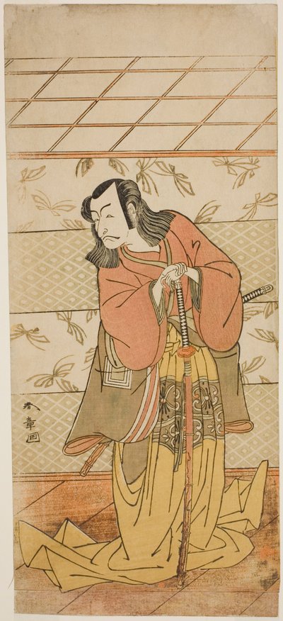 Herec Ichikawa Danjuro V jako Ashiya Doman ve hře Kikyo-zome Onna Urakata, hrál v divadle Morita v sedmém měsíci, 1776 od Katsukawa Shunsho
