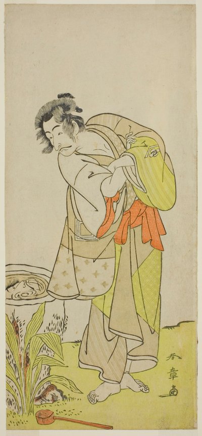 Herec Ichikawa Danjuro V jako Soga no Dozaburo (?) ve hře Shida Yuzuriha Horai Soga (?), hrál v divadle Morita (?) v prvním měsíci, 1775 (?) od Katsukawa Shunsho