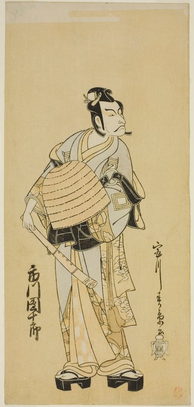Herec Ichikawa Danjuro V jako Soga no Goro převlečený za Komuso ve hře Sakai-cho Soga Nendaiki, hrané v divadle Nakamura v prvním měsíci, 1771 od Katsukawa Shunsho