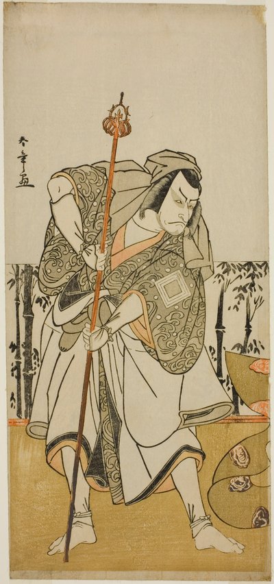 Herec Ichikawa Danjuro versus Taira no Masakado převlečený za poutníka Junjo ve hře Masakado Kammuri no Hatsuyuki, uvedené v divadle Nakamura v jedenáctém měsíci, od Katsukawa Shunsho