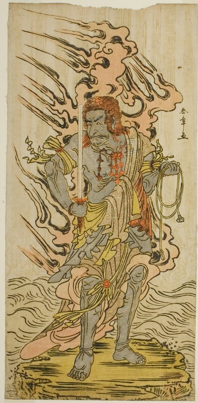 Herec Ichikawa Danjuro V jako kamenný obraz Fudo Myoo ve hře Kitekaeru Nishiki no Wakayaka, hrál v divadle Nakamura v jedenáctém měsíci, 1780 od Katsukawa Shunsho
