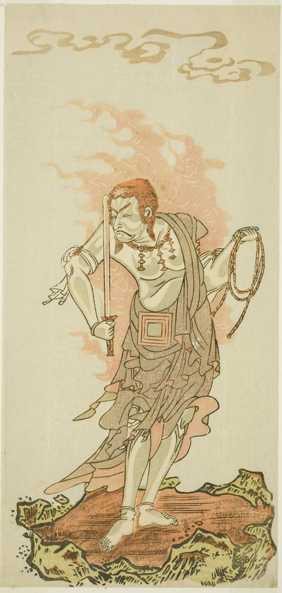 Herec Ichikawa Danjuro V jako buddhistické božstvo Fudo v závěrečné scéně z první části hry Fuki Kaete Tsuki mo Yoshiwara (Znovutašená střecha: Měsíc svítí také nad oblastí potěšení Yoshiwara), uvedeno v divadle Morita od 1. od Katsukawa Shunsho