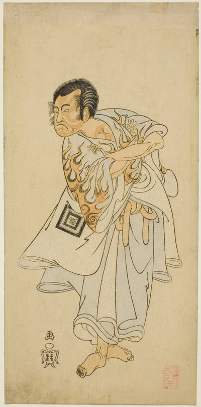 Herec Ichikawa Danzo III jako svatý poustevník Narukami ve hře „Narukami“, hrál s „Miyakodori Azuma Komachi (Pták hlavního města: Komachi východu)“ v divadle Morita ve třetím měsíci, 1768 od Katsukawa Shunsho