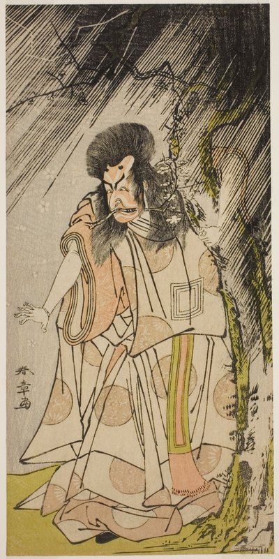 Herec Ichikawa Ebizo III jako bůh hromu, inkarnace Sugawara Michizane, ve hře Sugawara Denju Tenarai Kagami, hrál v divadle Ichimura v osmém měsíci, 1776 od Katsukawa Shunsho