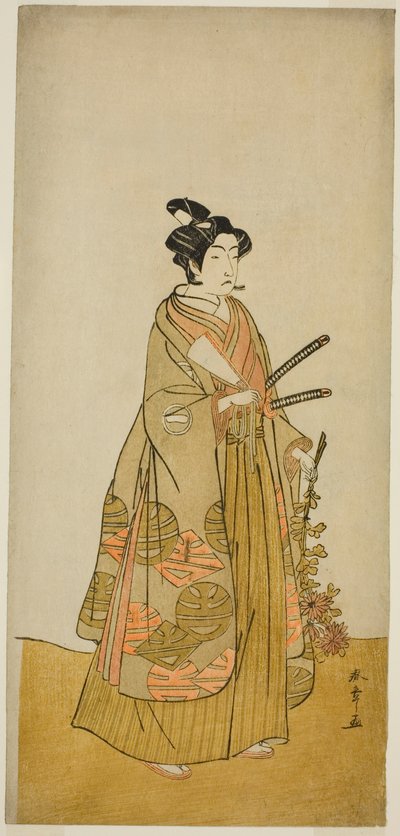 Herec Ichikawa Monnosuke II jako Kichisaburo, Temple Page of Kichijo-ji, ve hře Sono Kyodai Fuji no Sugatami, hrál v divadle Morita ve druhém měsíci, 1776 od Katsukawa Shunsho