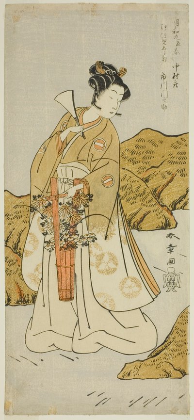 Herec Ichikawa Monnosuke II jako Shira-giku, chrámová stránka, ve hře Haru wa Soga Akebono-zoshi, hrál v divadle Nakamura v prvním měsíci, 1772 od Katsukawa Shunsho