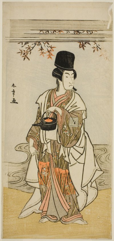 Herec Ichikawa Monnosuke II jako dvorní sluha Shoheida Sadamori ve hře Masakado Kammuri no Hatsuyuki, hrál v divadle Nakamura v jedenáctém měsíci, 1777 od Katsukawa Shunsho