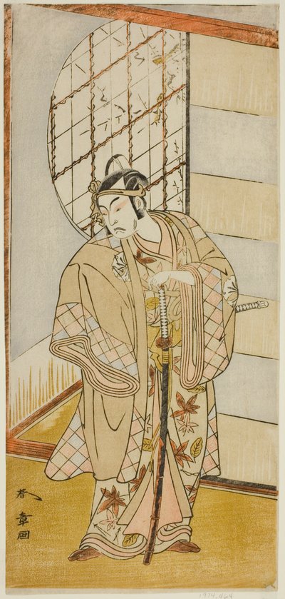 Herec Matsumoto Koshiro IV jako Matsuo-maru ve hře Sugawara Denju Tenarai Kagami, hrál v divadle Nakamura v devátém měsíci, 1773 od Katsukawa Shunsho