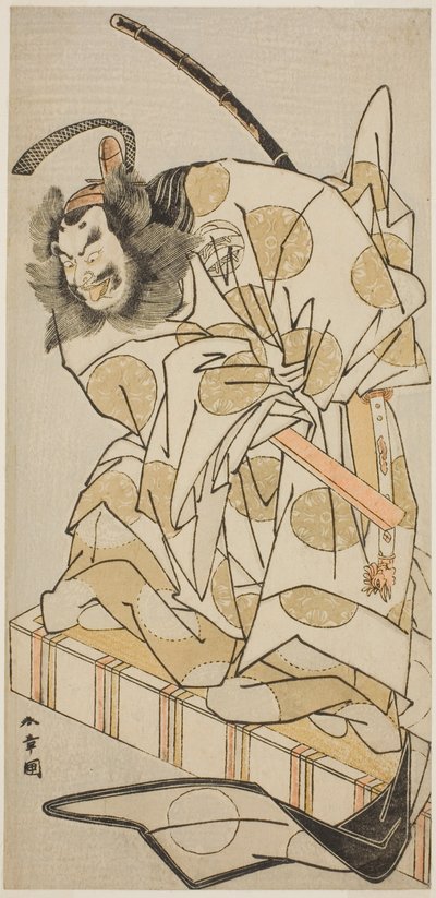 Tea C a r Mihoemon Nakajima Ia jako první člen Kiyotady Book Gate Te Pay Parent Ship Taiheiki, Perfor Med At Te Ichimura Te E Venth Gate, 1775 od Katsukawa Shunsho