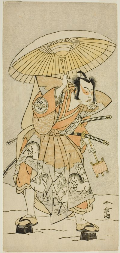 Herec Nakamura Juzo II jako Kajiwara Genta Kagetoki ve hře Izu-goyomi Shibai no Ganjitsu, hrál v divadle Morita v jedenáctém měsíci, 1772 od Katsukawa Shunsho