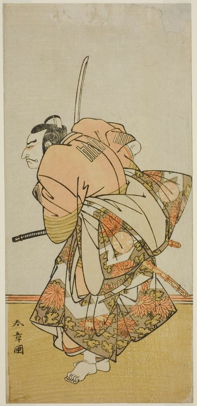 Herec Nakamura Nakazo I jako Chinzei Hachiro Tametomo ve hře Hana-zumo Genji Hiiki, hrál v divadle Nakamura v jedenáctém měsíci, 1775 od Katsukawa Shunsho