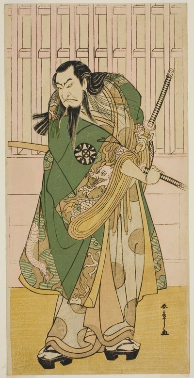 Herec Nakamura Nakazo I jako Hige no Ikyu ve hře Nanakusa Yosooi Soga, hrál v divadle Nakamura v pátém měsíci, 1782 od Katsukawa Shunsho
