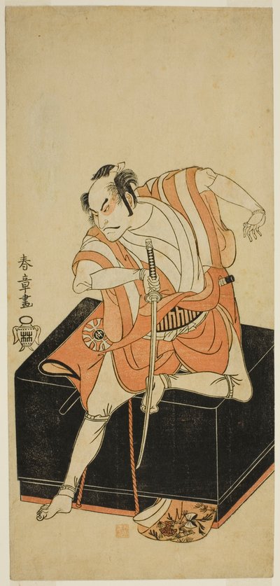 Herec Nakamura Nakazo I jako Izu no Jiro převlečený za Kemmaku no Sabu ve hře Edo-zakura Sono Omokage, uvedené v Nakamurově divadle v pátém měsíci, od Katsukawa Shunsho