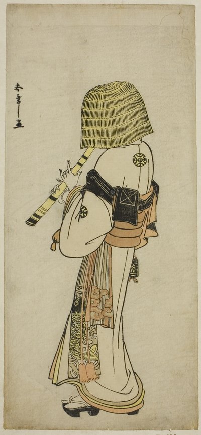 Herec Nakamura Nakazo I jako Kakogawa Honzo v Komuso oblečení ve hře Kanadehon Chushingura, kolem 1783 (barevný dřevořez; hosoban) od Katsukawa Shunsho