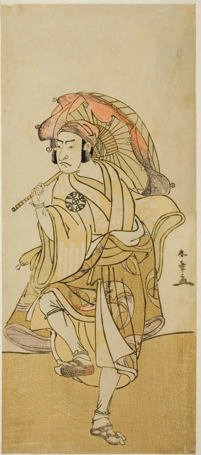 Herec Nakamura Nakazo I jako Onmaya Kisanda v přestrojení za lvího tanečníka Kakubei ve hře Chigo Torii Tobiiri Kitsune, uvedené v divadle Ichimura v jedenáctém měsíci, 1777 od Katsukawa Shunsho