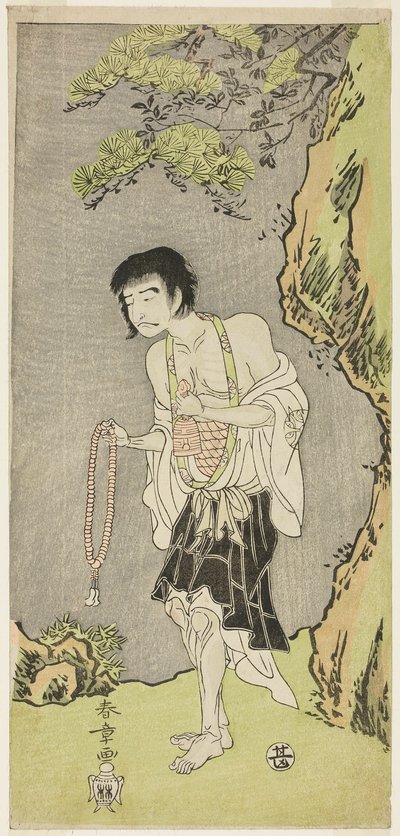Herec Nakamura Nakazo I jako mnich, Raigo Ajari, ve hře Nue no Mori Ichiyo no Mato (Forest of the Nue Monster: Target of the Eleventh Month), hrané v divadle Nakamura od prvního dne jedenáctého měsíce, 1770 od Katsukawa Shunsho