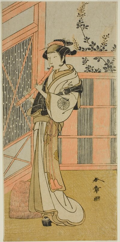 Herec Nakamura Noshio I jako Misao převlečený za Komuso ve hře Kosode-gura no Tekubari, uvedené v divadle Morita ve druhém měsíci, 1772 (?) od Katsukawa Shunsho