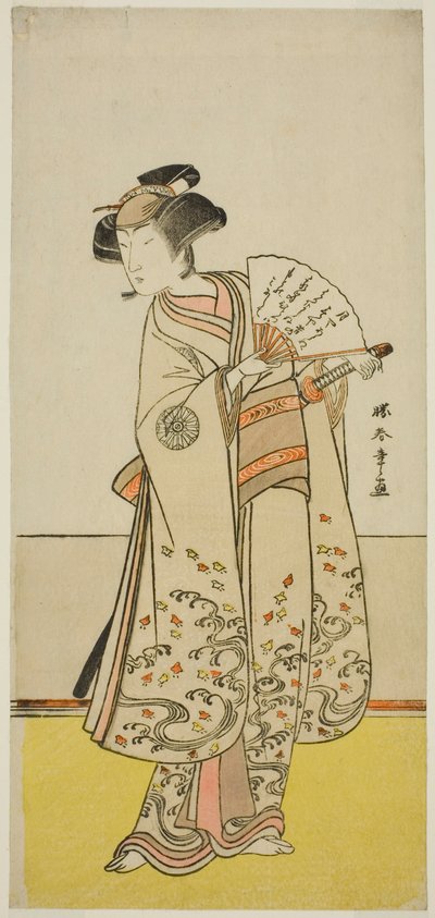 Herec Nakamura Noshio I jako Oiso no Tora (?) ve hře Shida Yuzuriha Horai Soga (?), hrál v divadle Morita (?) v prvním měsíci, 1775 (?) od Katsukawa Shunsho