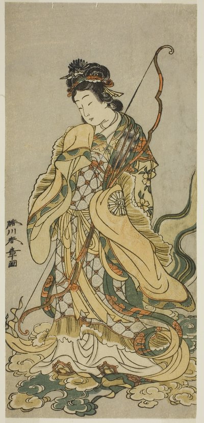 Näyttelijä Nakamura Noshio I Enoshiman bensaitenina näytelmässä Onno Aruji Hatsuyuki no Sekai, joka esitettiin Morita-teatterissa yhdestoista kuukaudessa, n. 1773 (värillinen puupainatus; hosoban) od Katsukawa Shunsho