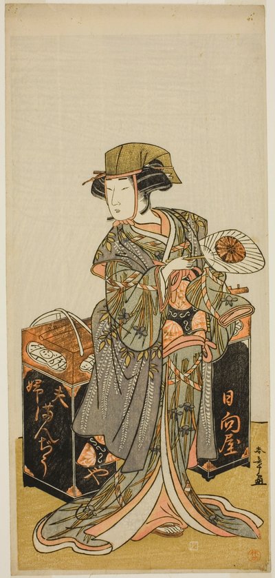 Herec Nakamura Tomijuro I jako prodavačka Beancake Hyugaya ve hře Chigo Torii Tobiiri Kitsune, uvedené v divadle Ichimura v jedenáctém měsíci, 1777 od Katsukawa Shunsho