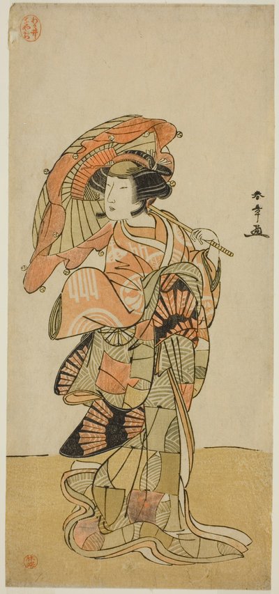 Herec Nakamura Tomijuro I jako liška z hory Ubagadake ve hře „Chigo Torii Tobiiri Kitsune“, která hrála v divadle Ichimura v jedenáctém měsíci roku 1777 od Katsukawa Shunsho