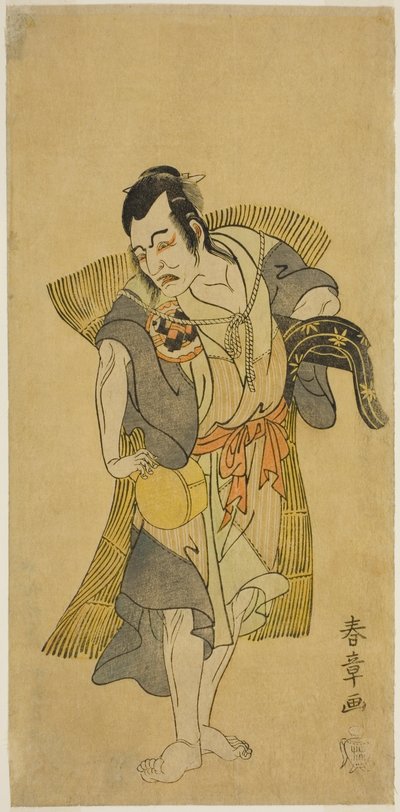 Herec Nakamura Utaemon I jako Kudo Suketsune převlečený za žebráka ve hře Soga Moyo Aigo no Wakamatsu, hrál v divadle Nakamura v prvním měsíci, 1769 od Katsukawa Shunsho