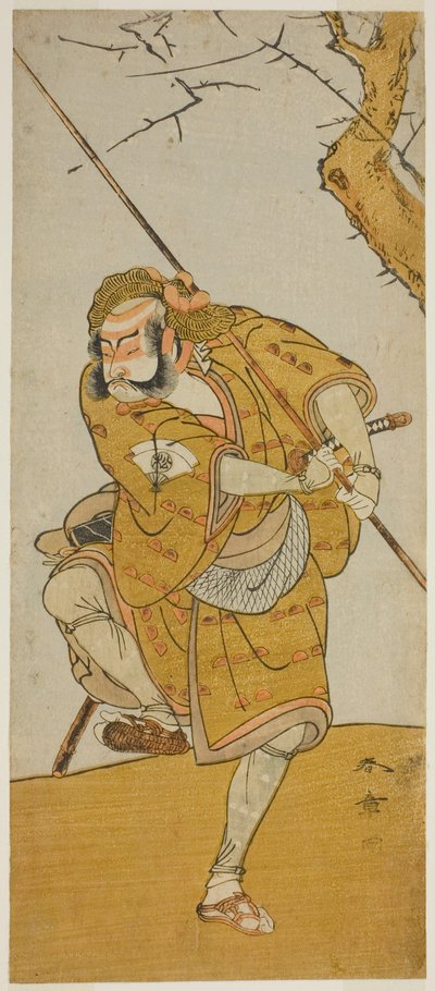 Herec Onoe Matsusuke I jako Kobayashi no Asahina v přestrojení za lovce ptáků ve hře Edo no Haru Meisho Soga, uvedené v divadle Ichimura ve třetím měsíci, 1773 od Katsukawa Shunsho