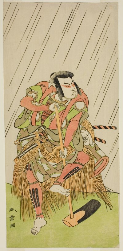 Herec Onoe Matsusuke I jako Nakaomi Katsumi převlečený za farmáře Datta no Nizo ve hře Shitenno-ji Nobori Kuyo, uvedené v divadle Ichimura v osmém měsíci, 1773 od Katsukawa Shunsho