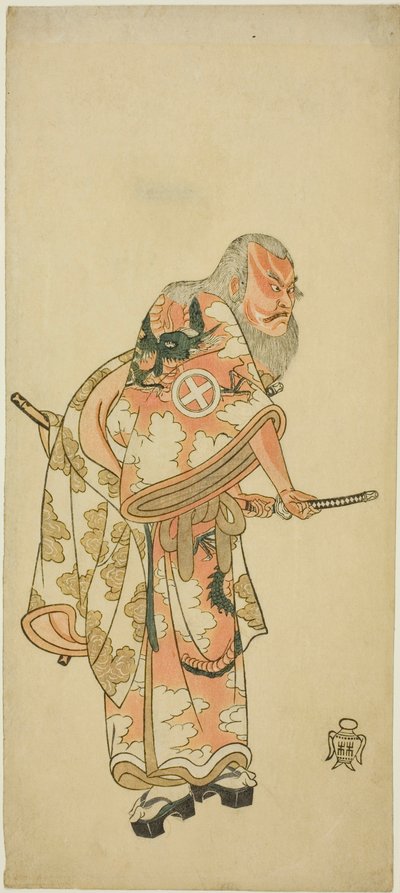 Herec Otani Hiroemon III jako Hige no Ikyu ve scéně „Sukeroku“ ve hře „Hitokidori Harutsuge Soga“ od Katsukawa Shunsho