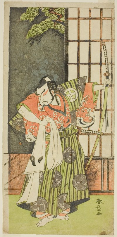 Herec Otani Hiroji III jako Kawazu no Saburo ve hře Myoto-giku Izu no Kisewata, uvedené v divadle Ichimura v jedenáctém měsíci, 1770 od Katsukawa Shunsho